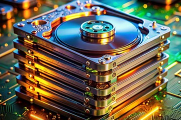 Poster - Close-up of Stacked Hard Drives and Circuit Boards - Technology Stock Photo