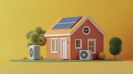 Poster - Energy-efficient house with a heat pump next to it and solar panels on the roof, presented in a 3D illustration emphasizing sustainability.