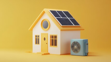 Poster - Energy-efficient house with a heat pump next to it and solar panels on the roof, presented in a 3D illustration emphasizing sustainability.