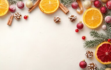 Wall Mural - a white background framed with a festive border of colorful christmas decorations, creating a cheerf
