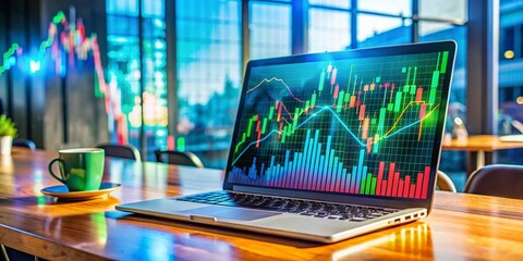 Poster - Colorful Abstract Financial Background: Panoramic Stock Trading Charts & Laptop