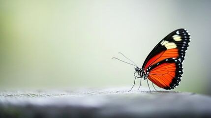 Poster - Stunning Close-up of a Vibrant Red and Orange Butterfly Resting on a Natural Surface, Showcasing Delicate Wings and Serene Background