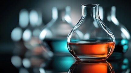 Poster - Colorful Glass Bottles with Liquid in Soft Focus on Dark Background, Highlighting Reflection and Transparency, Ideal for Science or Art Themes