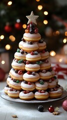 Wall Mural - Tree made of donuts stacked in a pyramid with frosting and edible holiday decorations