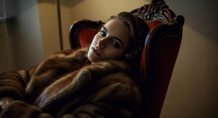 young caucasian female in luxurious fur coat relaxing on antique chair