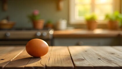 Sticker - Rustic table with a single brown egg. Sunlit farmhouse kitchen bokeh in the background