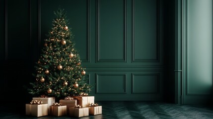 Wall Mural - Christmas tree with gifts, holiday decor, festive green room, elegant decorations, presents under tree