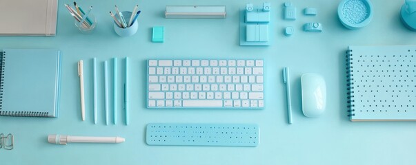 Poster - A neatly organized desk setup featuring school and office essentials such as notebooks, pens, and a keyboard, perfectly arranged on a light blue