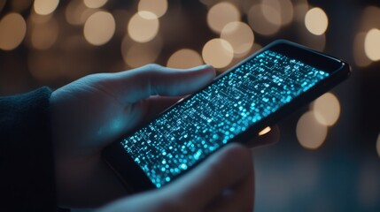 Poster - Close-up of a Person Holding a Smartphone Displaying a Glowing Digital Matrix Against a Blurred Background of Warm Bokeh Lights at Nighttime