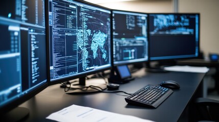 Poster - Multiple Computer Screens Displaying Data Visualizations and Network Information in a Modern Office Environment for Technology and Cybersecurity Industry