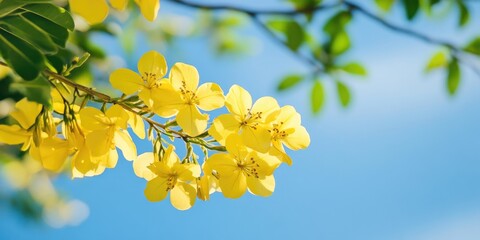 Vibrant golden yellow blossoms of a Cassia fistula tree against a clear blue sky with lush green leaves in soft focus background.