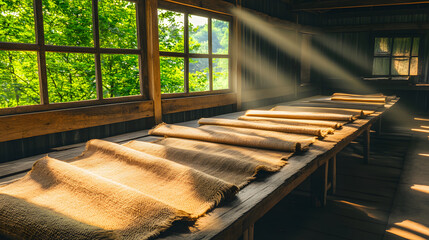Poster - A serene interior scene with sunlight streaming through windows, illuminating textured surfaces on a wooden table