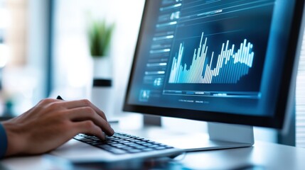 Poster - Professional analysis of financial data on a modern desktop computer, showcasing digital graphs and charts for effective data visualization and decision making in business.