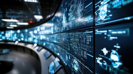Poster - Futuristic Data Center with Digital Displays Showing Cyber Security Metrics, Global Networks, and User Analytics in a High-Tech Command Center Environment