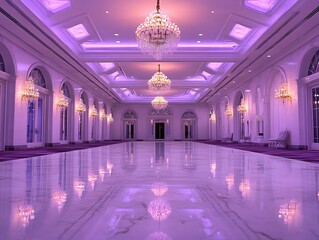 Luxurious wedding venue with soft lighting, polished marble floors, and glowing chandeliers. Ideal for romantic ceremonies and receptions.