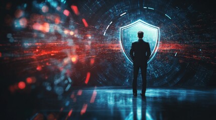 Poster - Businessman Observing Digital Security Shield in Futuristic Environment Representing Cybersecurity, Data Protection, and Technology Advancement