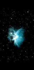 a beautiful, dark blue-green nebula in space, with glowing stars against a black background