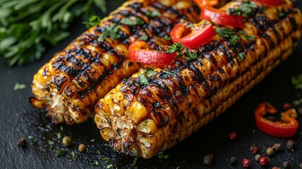 Poster - Grilled corn, peppers, herbs, dark background, food photography, recipe