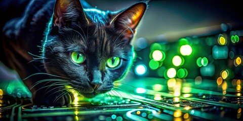 Poster - curious black cat exploring electronic circuit board - long exposure stock photo