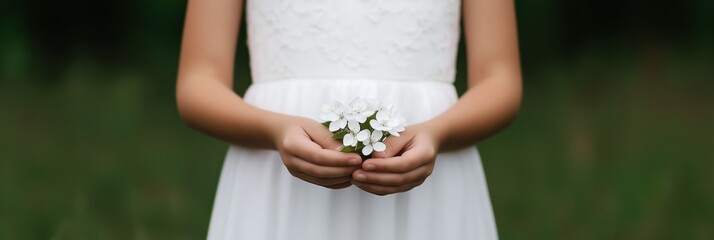 Canvas Print - A young girl is holding a white flower in her hand. The flower is the main focus of the image, and it is a delicate and beautiful blossom