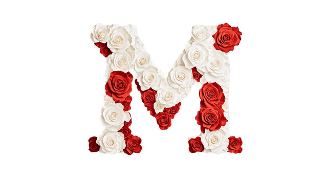 A sophisticated letter 'M' with intricate white and red rose decorations, displayed on a plain white canvas