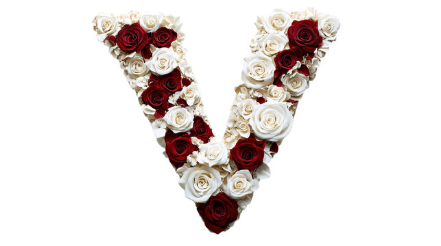 A sophisticated letter 'V' with intricate white and red rose decorations, displayed on a plain white canvas
