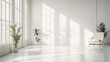 © Mega - Sunlit minimalist white room with armchair and plants.