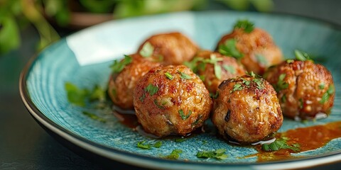 Wall Mural - Delicious eggplant vegetable balls served on a textured blue plate garnished with fresh herbs and drizzled with sauce against a dark background