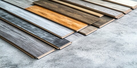 Canvas Print - Variations of laminate flooring planks in shades of gray, brown, and tan arranged diagonally on a textured concrete surface