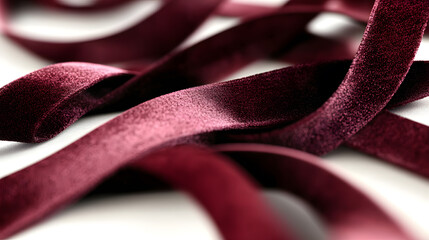 Burgundy velvet ribbons intertwine in a beautiful display of texture and color suitable for creative backgrounds or minimalist designs