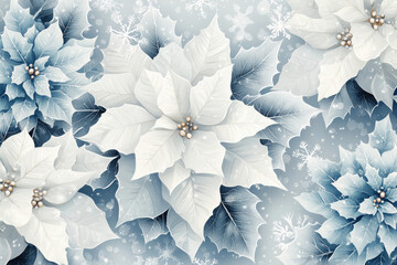 Poster - Winter floral pattern featuring elegant white poinsettias on a soft blue background