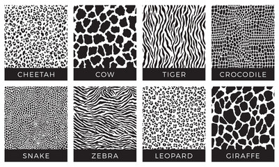 Seamless animal pattern. Black and white print. Cheetah, Cow, Tiger, Crocodile, Snake, Zebra, Leopard, Giraffe. Vector texture. 