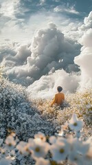 Canvas Print - Woman in White Flowers, Dreamlike Cloudscape