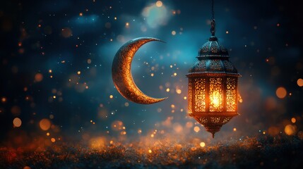 Wall Mural - crescent moon and lantern under ethereal night sky glow