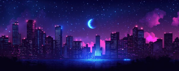 Poster - A panoramic view of a city skyline at night, with lights twinkling like stars against the dark sky.
