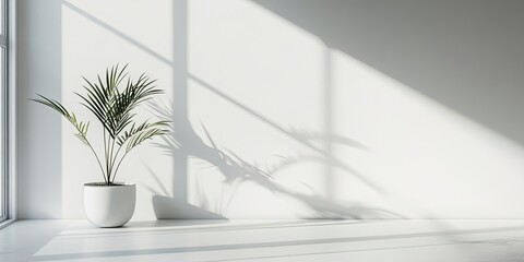 Canvas Print - Indoor scene with a green potted plant casting shadows on a bright white wall under natural sunlight creating a serene and minimalist ambiance