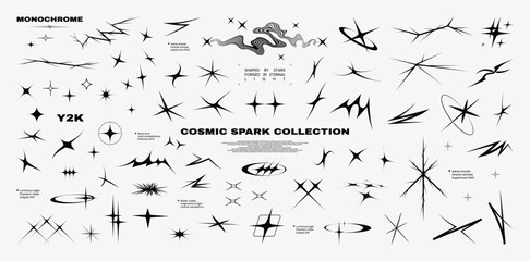 retrofuturistic stars, sparks, flashes, flat glare in y2k set. retro futuristic shapes, cyber sigili