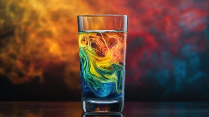 Wall Mural - colorful liquid swirls in a glass against a smoky background.