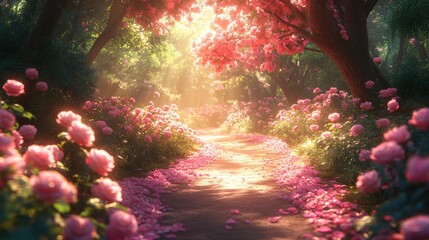 Wall Mural - serene winding path through a blossom-filled garden at sunrise