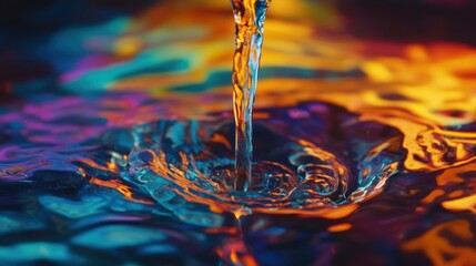 Wall Mural - Vibrant liquid pouring into iridescent water, creating colorful ripples and swirls.
