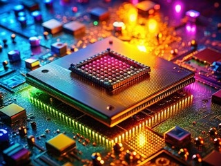 Poster - delicious food photography on futuristic ai chip background - high-resolution stock image