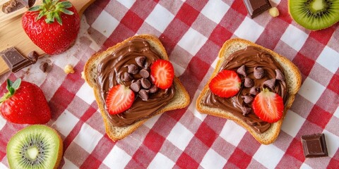 Wall Mural - Delicious toast topped with chocolate hazelnut spread and strawberries on a red and white checked tablecloth with kiwi and strawberries around it