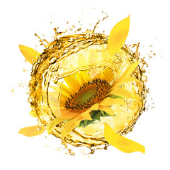 Wall Mural - Cooking oil splashes, sunflower and flying petals on white background