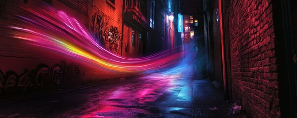 Wall Mural - abstract composition of neon light trails in a dark city alley.