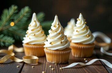 christmas cupcakes on a table, cupcakes with white cream