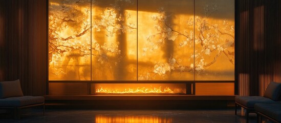 Poster - Tranquil modern living room with a fireplace and decorative panels bathed in soft daylight creating a warm inviting atmosphere