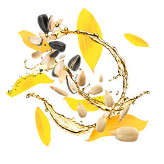 Wall Mural - Cooking oil splashes, flying sunflower seeds and petals on white background