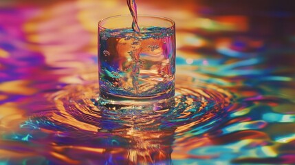 Wall Mural - Vibrant liquid pouring into a glass on a colorful surface.