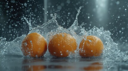 Poster - Fresh ripe oranges splashing in water creating dynamic droplets on a gray background for a refreshing and vibrant visual appeal.