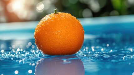 Poster - Fresh ripe orange with water droplets on vibrant blue surface reflecting light in a bright natural setting